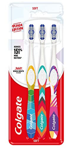 Colgate Spazzolino da denti 360 Whole Mouth Clean Design Edition | Spazzolino a setole morbide | Setole interdentali a punta sottile | Coppe lucidanti aiutano a rimuovere le macchie | Pulitore per