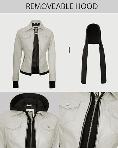 Image of Womens Leather Jacket with Detachable Hood - Real Lambskin Bomber Jacket Thumbholes Women