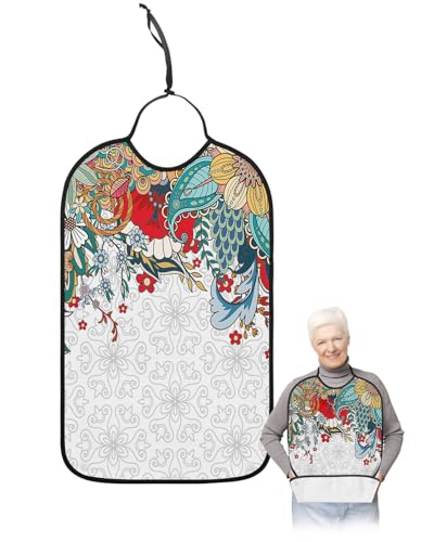 LEOKOTI Boho Flowers Adult Bibs for Eating, Waterproof Bibs with Food Catcher & Snap Closure, Ethnic Modern Geometric Abstract Art Botanical Washable Clothing Protectors Adult Bibs for Elderly