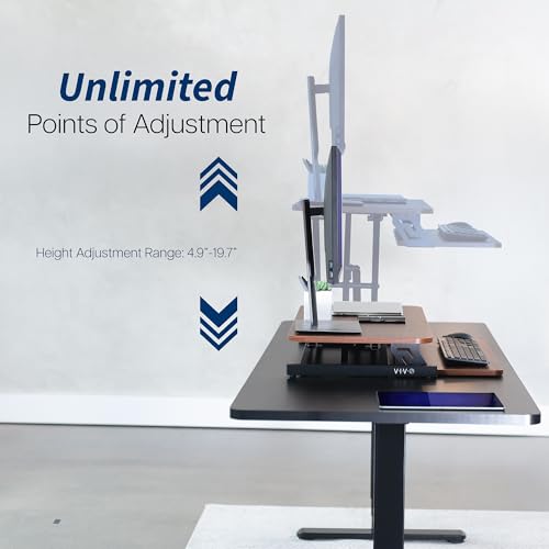 Image of VIVO Dark Walnut 32 inch Standing Desk Riser, DESK-V000SD | Height Adjustable, Stand Up Desk Converter, Quick Sit to Stand, Tabletop Dual Monitor Riser Workstation, Minimal Assembly