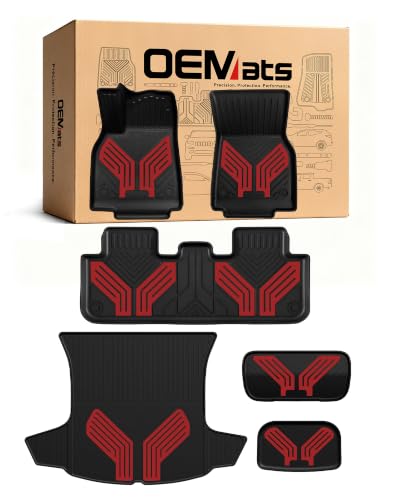 Image of Premium Color TPE Floor Mats 6-PCS for Tesla Model Y Juniper 2025 2026 | Racing Red Wing Design | Car Mat Full Set Front & Rear | All-Weather Protection, Pet & Child-Friendly Accessories