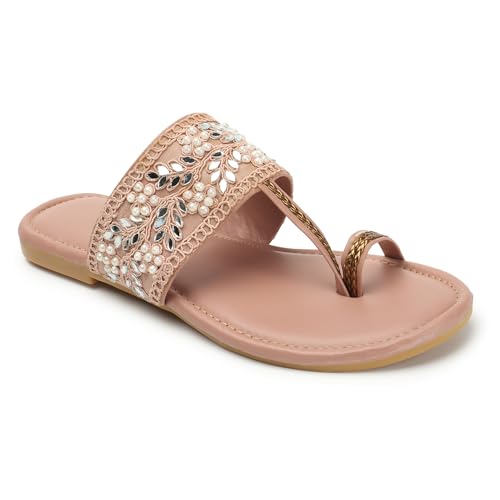 Image of Naitik Women's Kolhapuri Stylish Casual Flat Sandals, Ethnic Flat Chappals for Party & Occasions(Peach)