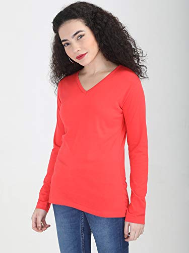 Image of FLEXIMAA Women's Cotton Plain V Neck Full Sleeve T-Shirt