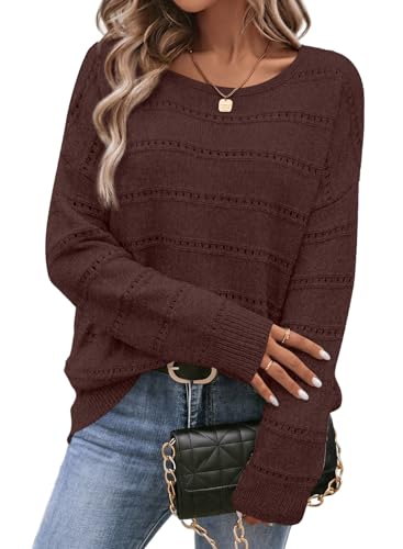 Image of SHEWIN Women's Sweaters Crew Neck Crochet Sweater Lightweight Knit Long Sleeve Tops Shirts Loose Fit Spring 2026