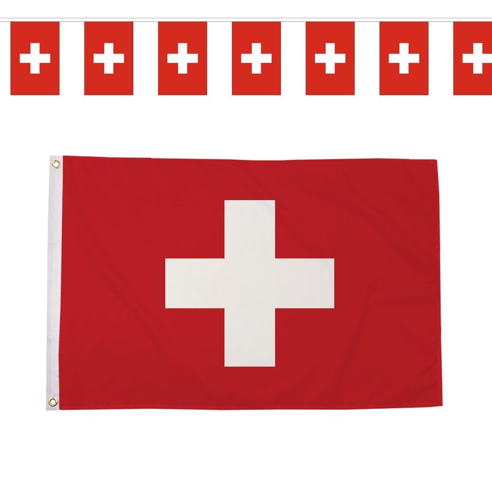 Flagtex Switzerland Nati World Cup 2026 Large Team Bundle Includes 8ft x 5ft Premium Polyester Flag and 9m Rectangle Bunting Swiss Football Fan Pack Indoor Outdoor Decoration