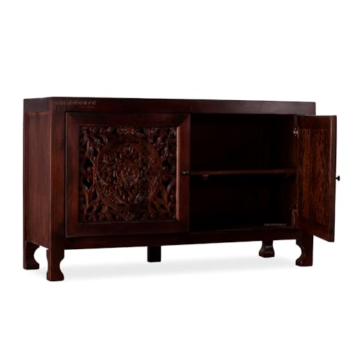 Image of Yepa Wooden Sideboard Cabinet for Living Room | Handcrafted Solid Wood Storage Cabinet with Carved Doors | Crockery Cabinet for Home | Crockery Furniture for Home (Mahogany)