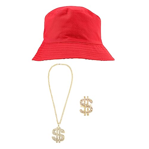 minkissy Hip Hop Rapper Accessory Set 90s Theme Fisherman Hat Sunglasses Chain Link