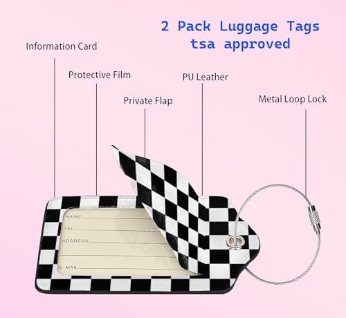2P Black White Plaid Lines Race Grid Checkered Flag Luggage Tags Privacy Cover ID Label with Stainless Steel Loop and Address Card for Travel Bag Suitcase Funny Cute Man Women Kids3