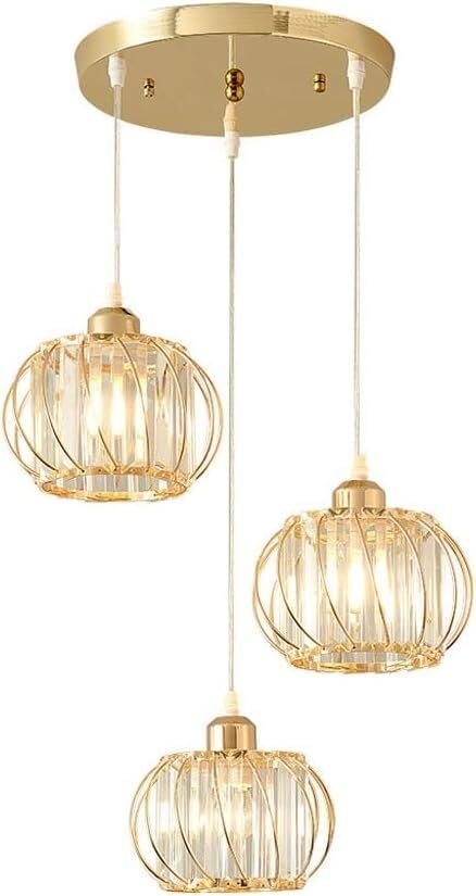 Suspension dorée avec cage en métal et lustres de salon en cristal
