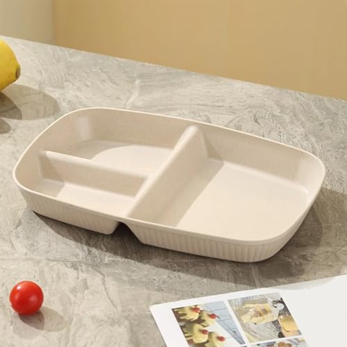 Image of Eco Friendly Wheat Straw Plates with 3 Compartments Food Separator Plastic Trays for Dinner, Cake, Fruits, Salad, Cupcake, Steak, Pasta Microwave Dishwasher Safe (Beige, Pack of 2)