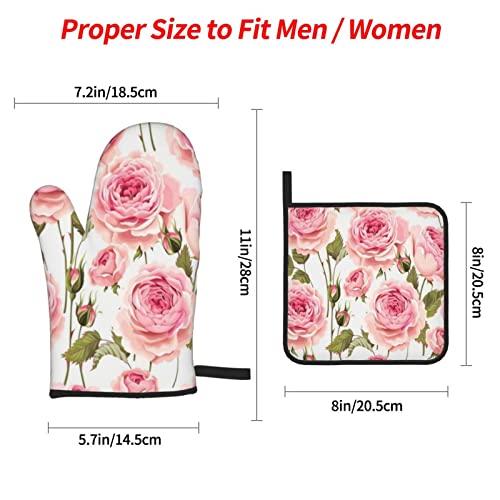 Oven Mitts And Pot Holders, Set Of 4,Old Pink Floral Greeting Bud English Roses Rose Pattern Nature Vintage Antique Garden White Flowere, Gloves With Durable Hot Pads, Cooking #TOP3