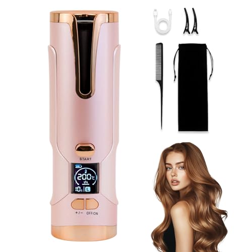 Fer à boucler portable sans fil automatique avec batterie 5200mAh rose
