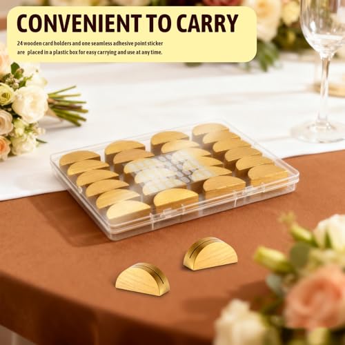 Image of 24Pcs Gold Wood Table Number Stands 1.57 In Wood Place Card Holders | Include Traceless Adhesive Stickers, Semicircular Design Place Card Holders for Wedding, Ceremony, Bi