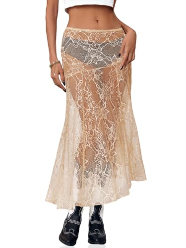 Cicy Bell Womens Summer Lace Maxi Skirt Elastic Waist See-Through Asymmetric Hem Beach Cover Up Long Skirt