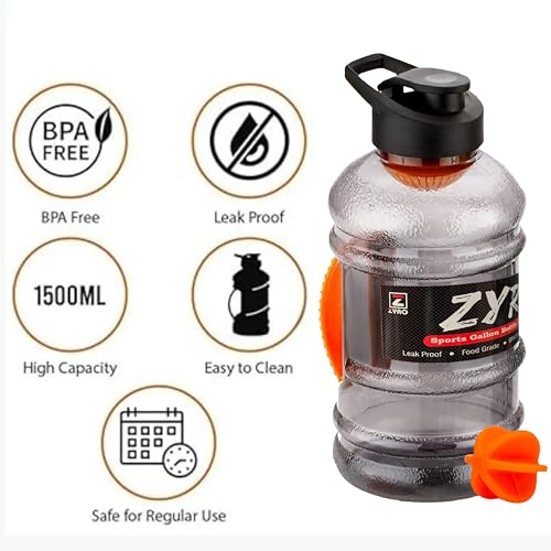 Image of Zyro Pack of 2, Gallon Water Bottle 1.5L with Mixer Ball & Strainer | BPA-Free, 100% Leak-Proof Gym, Office, Travel, Sports & Running Bottle Large Capacity Sipper for Men & Women Orange Combo