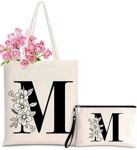 Initial Canvas Tote Bag for Women, Personalized Monogrammed Tote Bags with Makeup Gift Bag for Wedding Bridesmaids Birthday