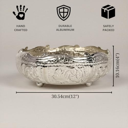 Image of Decorative Embossed 12inch German Silver Urli Bowl | Aluminium Urli Pot for Floating Flowers and Tea Light Candles Home Office Diwali Decoration Items | 1.5 L Capacity