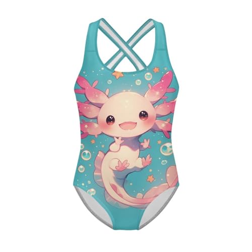 Image of Girls One Piece Swimsuit Axolotl Cross Back Straps Bathing Suit Lightweight Quick Dry Gymnastics Leotard
