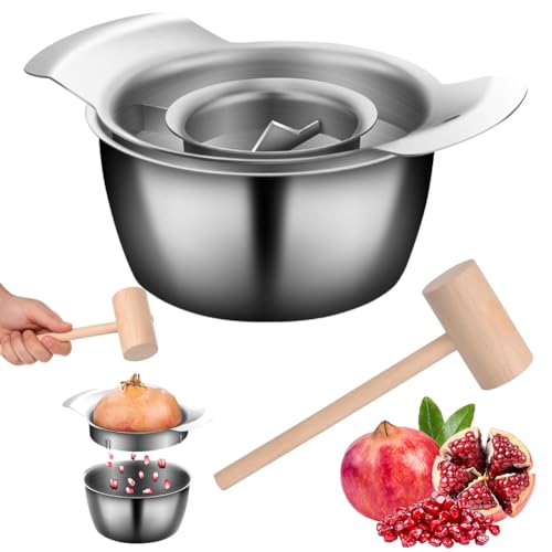 Granatapfel Entkerner Set aus Edelstahl mit Schüssel und Holzhammer – Granatapfel Schäler, Entkerner & Öffner, Pomegranate Aril Entferner, Rutschfest, Leichtes Schälen und Entsaften für Küche Granatapfel Entkerner Set aus Edelstahl mit Schüssel und Holzhammer – Granatapfel Schäler, Entkerner & Öffner, Pomegranate Aril Entferner, Rutschfest, Leichtes Schälen und Entsaften für Küche