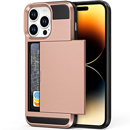 Anuck Case For Iphone 14 Pro Max Case With Card Holder, Shockproof Heavy Duty Wallet Case [Credit Card Slot][Slide Cover] Anti-Scratch Shell Dual Layer Armor Bumper Protective Phone Case, Rose Gold #TOP19