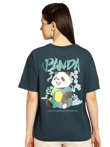 Image of Fabflee Oversized Cotton Baggy Drop Shoulder Graphic Tee with Half Sleeves | Korean Casual Loose T-Shirt for Women