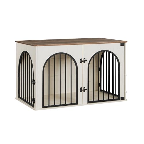 Hzuaneri Hundekäfig Möbel, 100cm Hundebox für Zuhause, 3 Türen, Bogentür, Moderne Hundebox Indoor für Hunde, Beistelltisch, Hundekäfig Hochbelastbar, 100 x 60 x 63 cm, Weiß Braun DFC84114B