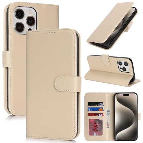 Image of for iPhone 15 Pro Max Case Wallet with Card Holder,for iPhone 15 Pro Max Wallet Case for Women Men,PU Leather Shockproof Magnetic Buckle Stand Flip Phone Case-Beige