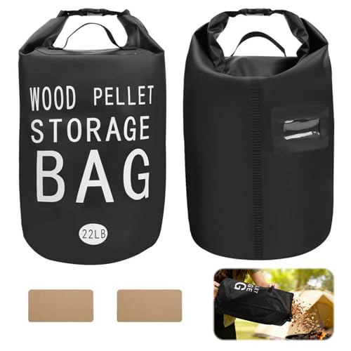 YIBOBO 22LB Waterproof Wood Pellet Storage Bag - 500D PVC Charcoal Storage Container with Dual Handles Label Pocket & Buckle Seal for Grill Smoker BBQ Outdoor Use(1 22LB-Black)
