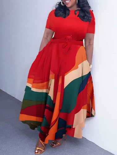 Image of Hostoyo Women Plus Size Formal A Line Maxi Dress Self Tie Waist with Pockets Elegant Round Neck Swing Long Dresses