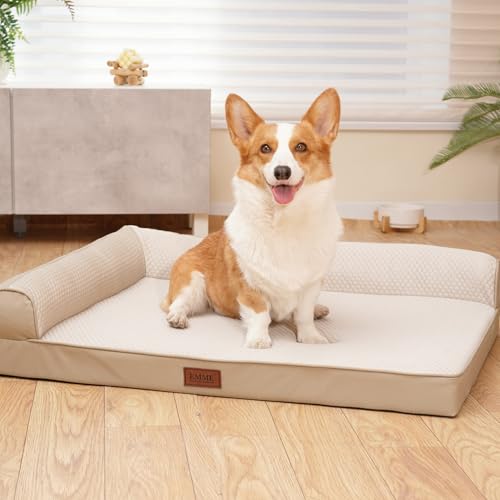 EMME L型犬ベッド冷感 ひんやり ペットベッド Q-max値0.4 涼しいペットソファー ペットクッション 枕付き 高反発 抗菌防臭 高齢犬 子犬 猫 多頭飼い 取り外せるカバー 滑り止め 中型犬 大型犬 洗える ペット用ベッド64x49x14cmラク