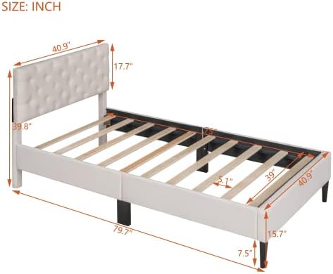Miniatura 2 de Marco de cama de plataforma de tamaño individual, marco de cama tapizado de lino de diseño moderno con cabecera copetuda, cama de almacenamiento,