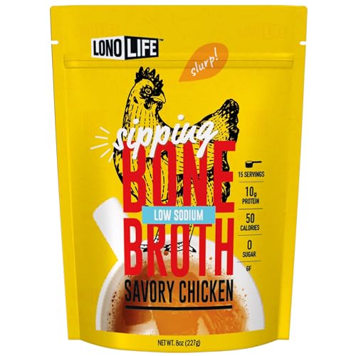 Image of LonoLife Low Sodium Chicken Bone Broth Powder Mix | 10g Protein | Collagen-Rich, Keto & Paleo Friendly | Natural Ingredients | 8oz Bulk Container (15 Servings)