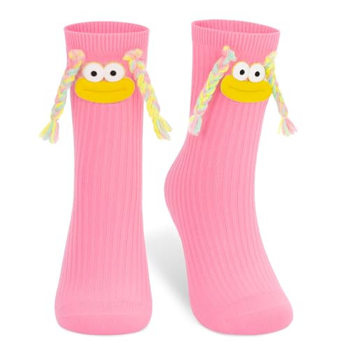 COZYMATE Crazy Socks for Kids Funny Novelty Silly Braid Hair Socks for Boys Girls Halloween Christmas Crazy Sock Day (US Alpha One Size Regular Braid-Pink)