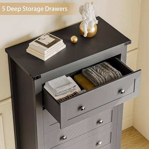 Image of Wodeer Black Dresser Tall 5 Drawer Dresser for Bedroom, Wooden Dressers & Chests of Drawers with Metal Handles, Modern Storage Cabinet and Organizer Drawers for Bedroom, Hallway, Entryway