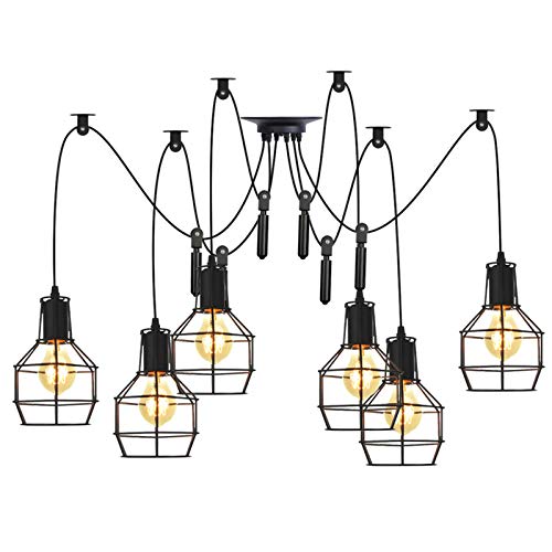 Lustre rustique industriel en métal noir avec suspensions ajustables