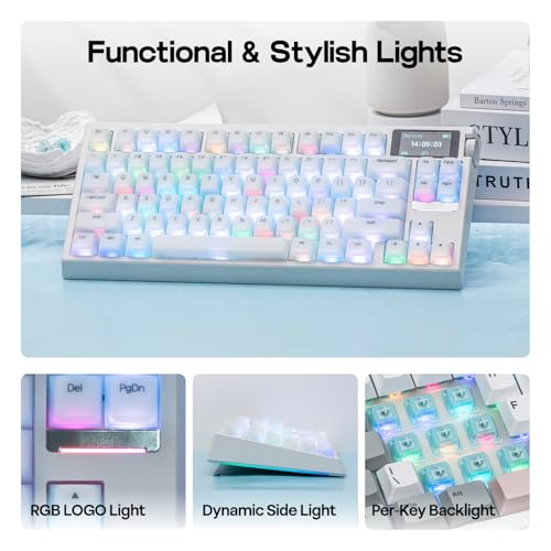 Image of EPOMAKER G84 PRO Wireless Gaming Keyboard with Screen&Knob, 75% Creamy Mechanical Keyboard, 8000mAh, Hot Swappable, Silicone Keycaps, BT5.0 /2.4G /USB-C Mode, NKRO, RGB (White, Creamy Jade Switch)