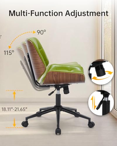 Image of Mid-Century Modern Home Office Chair,Accent Ergonomic Desk Chair with Walnut Finish&PU Leather,Armless Executive Computer Chair with 360 Swivel Rolling Wheels for Vanity, Bedroom&Workspace (Green)