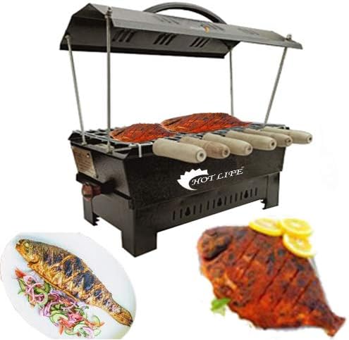 Hot Life Export Quality Smart Looking Hut Shape Charcoal Barbeque Grill with 6 Wooden Handle Skewers,Steel Tong,Hand Gloves & Grill Stand (Black) Comboo