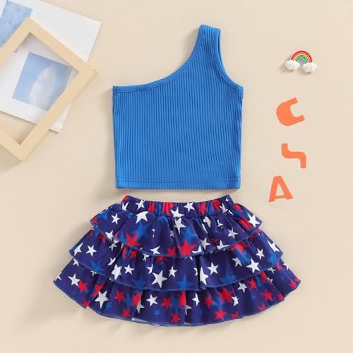 Image of BeQeuewll 4th of July Toddler Girls Outfits Solid One Shoulder Sleeveless Tank Crop Tops Stars Ruffles Skirts 2Pcs Clothes (Star-Blue, 12-18 Months)