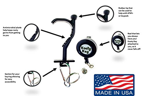 Kooty Key Germ Utility Tool - Avoid Touching Bacteria Ridden Surfaces - Carabiner Included (Colors May Vary) (2 Pack, Black)