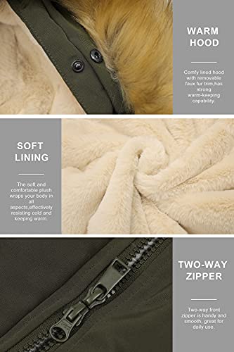 Orolay Damen-Parka mit Dickem Fleece-Futter Wintermantel Kapuzenjacke und Abnehmbarem Pelzkragen Olivgrün S