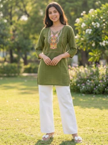 Image of Cotton Blend Embroidered Straight Kurta for Women | Cotton Blend | 3 /4 Sleeve | Round Neck V-Slit | Ethnic Wear Casual Wear