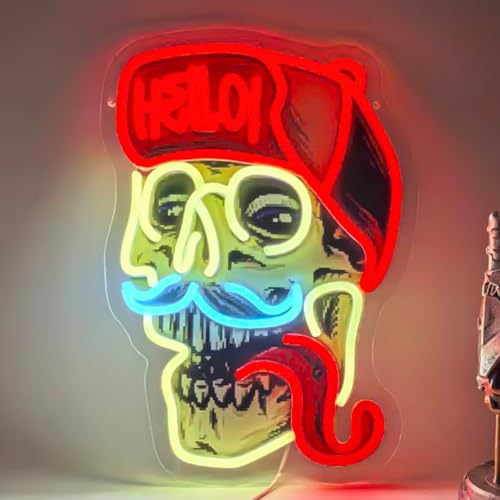 Image of Skull Wearing Hello Hat LED Neon Sign USB Powered for Wall Decor, Horror Skull Tongue Neon Night Light Sign Dimmable for Boys Room Party Decor Halloween Birthday Gifts