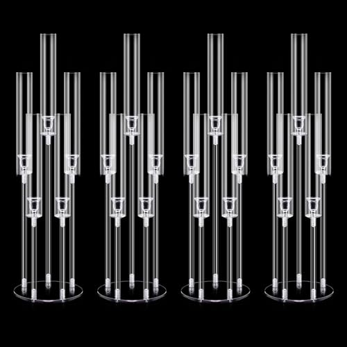 DIWNELEM 4Pcs Acrylic Candelabra Centerpieces for Wedding 5 Arm Clear Candle Candlesticks Holders 25.5 Tall Crystal Taper Candlestick with Shade Fit 0.87 Led Candle for Christmas Party Home Decor