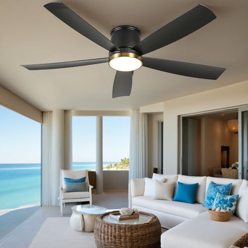 DWVO 52 inch Flush Mount Ceiling Fan with Lights, 5 Blade Low Profile Ceiling Fan with Remote,Tri-Color Temperature, 6 Speed Black and Gold, Quiet DC Motor for Bedroom, Living Room