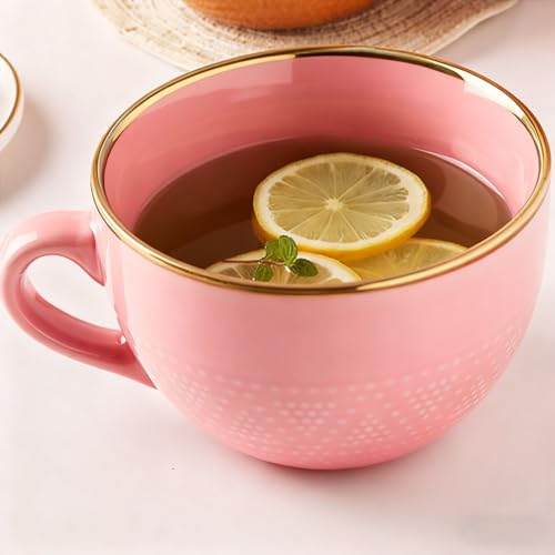 Disoza Taza de café grande de cerámica con asas de 24 onzas, cuencos de sopa y ramen de porcelana de 700 ml, taza de té rosa, tazón