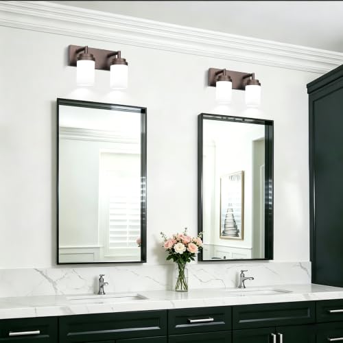 Image of Bathroom Light Fixtures, Oil Rubbed Bronze Bathroom Lighting Fixtures Over Mirror, Modern Vanity Light with White Glass Shade, Restroom Lighting Fixtures, 2-Light 13-inch