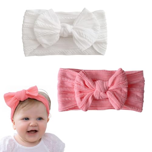 BHIPKOT Diademas con turbante para bebé - Pack de 2, diademas con lazo de nylon para niñas, accesorios para el pelo suaves y elásticos para recién nacidos y niños pequeños (rosa y blanco)
