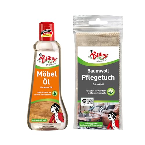 POLIBOY Möbel Öl - Holzpflegemittel für unbehandelte und geölte Holzmöbel - Farbloses Holzöl zur Auffrischung und Pflege - 1x 200 ml - inkl. Baumwolltuch zur Anwendung - Made in Germany