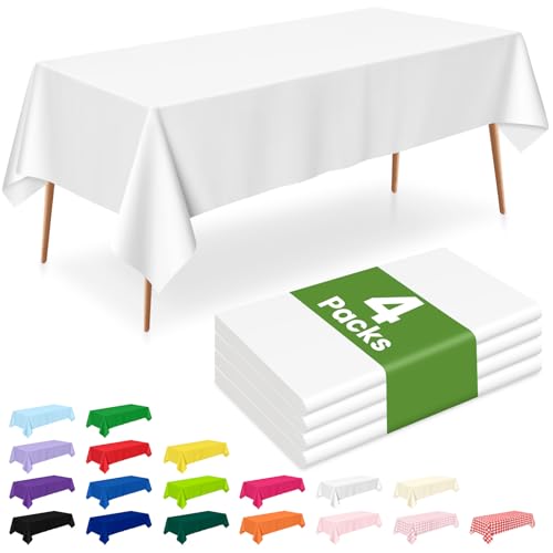 Image of LANLISA 4 Pack White Plastic Table Cloth Disposable, 54 x 108 Inch Rectangle Tablecloth, Party, Picnic, Wedding, Decorative Tablecloths Plastic Cover